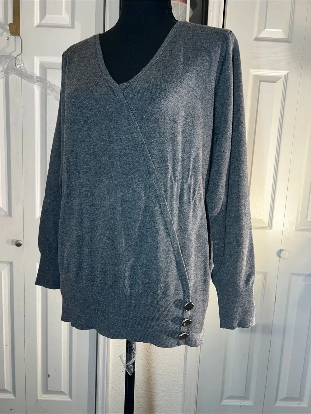 JM Collection Charcoal Gray V-Neck Sweater with Diagonal Overlay